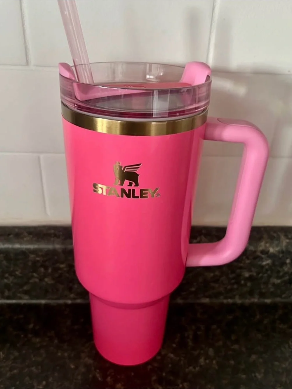Stanley Pink Paradise Insulated Travel Mug with Handle and Straw